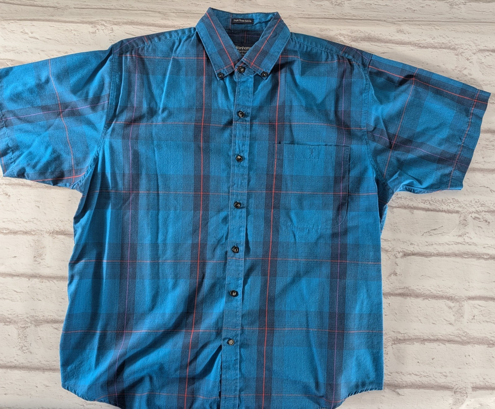 Vintage Manhattan Plaid Shirt XL Short Sleeve Blue Orange 90s Grunge Dadcore